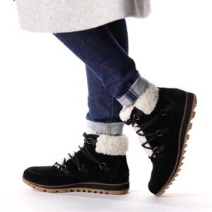 SOREL Harlow Lace Up Cozy Bootie in Black Suede, 7